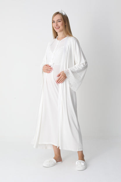 Uzun Kollu Dantel Detaylı Önden Düğmeli Sabahlıklı Lohusa Hamile Gecelik -2304