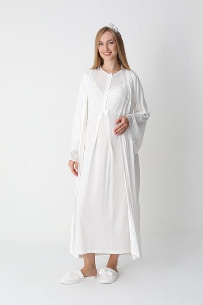 Uzun Kollu Dantel Detaylı Önden Düğmeli Sabahlıklı Lohusa Hamile Gecelik -2304