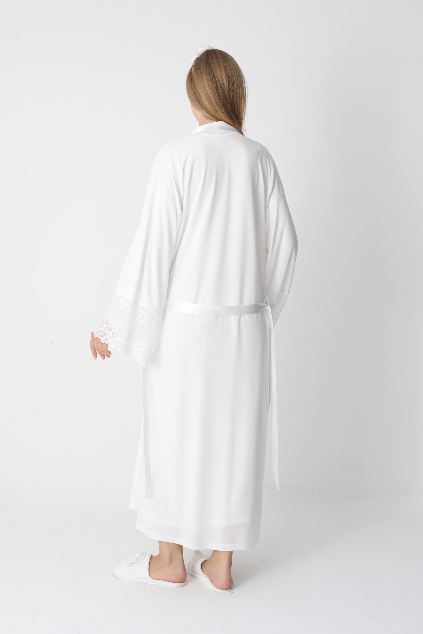 Uzun Kollu Dantel Detaylı Önden Düğmeli Sabahlıklı Lohusa Hamile Gecelik -2304