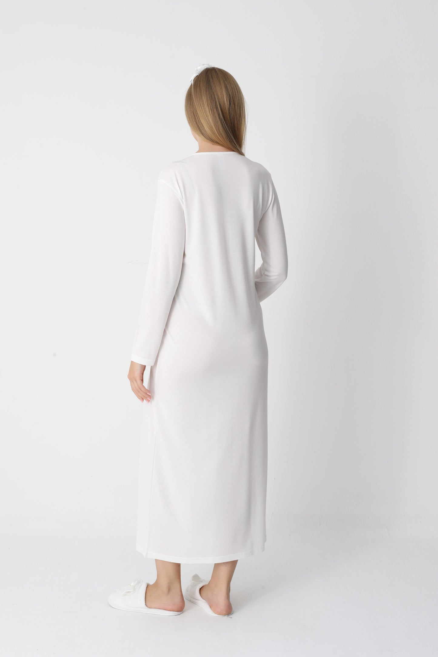 Uzun Kollu Dantel Detaylı Önden Düğmeli Sabahlıklı Lohusa Hamile Gecelik -2304