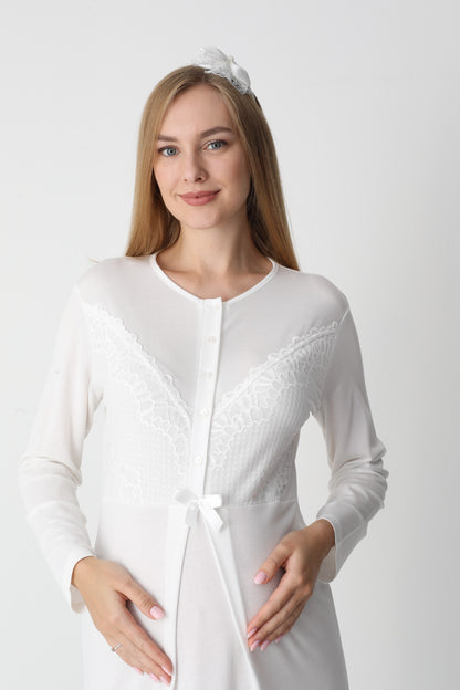 Uzun Kollu Dantel Detaylı Önden Düğmeli Sabahlıklı Lohusa Hamile Gecelik -2304