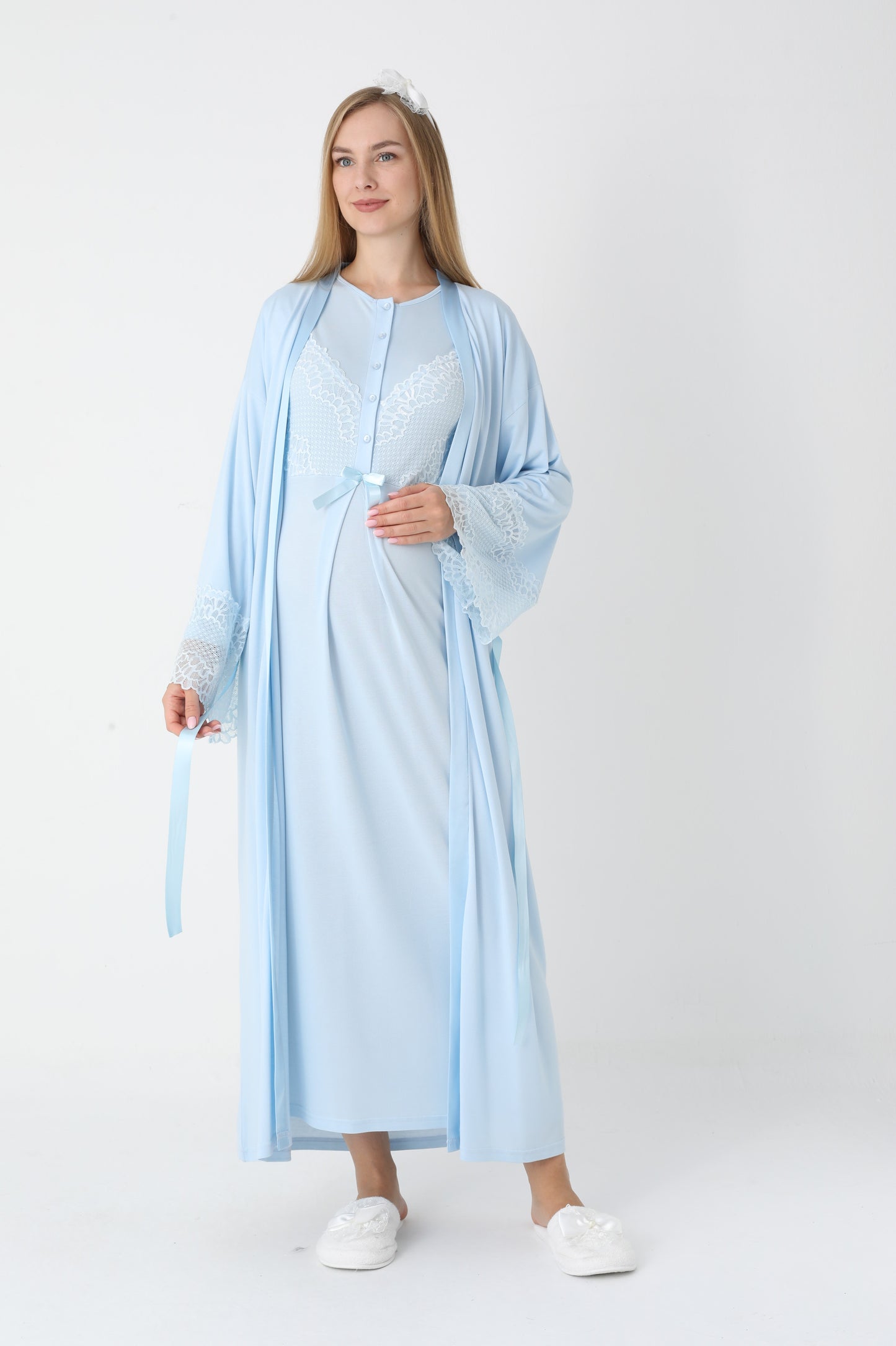 Uzun Kollu Dantel Detaylı Önden Düğmeli Sabahlıklı Lohusa Hamile Gecelik -2304