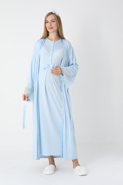 Uzun Kollu Dantel Detaylı Önden Düğmeli Sabahlıklı Lohusa Hamile Gecelik -2304