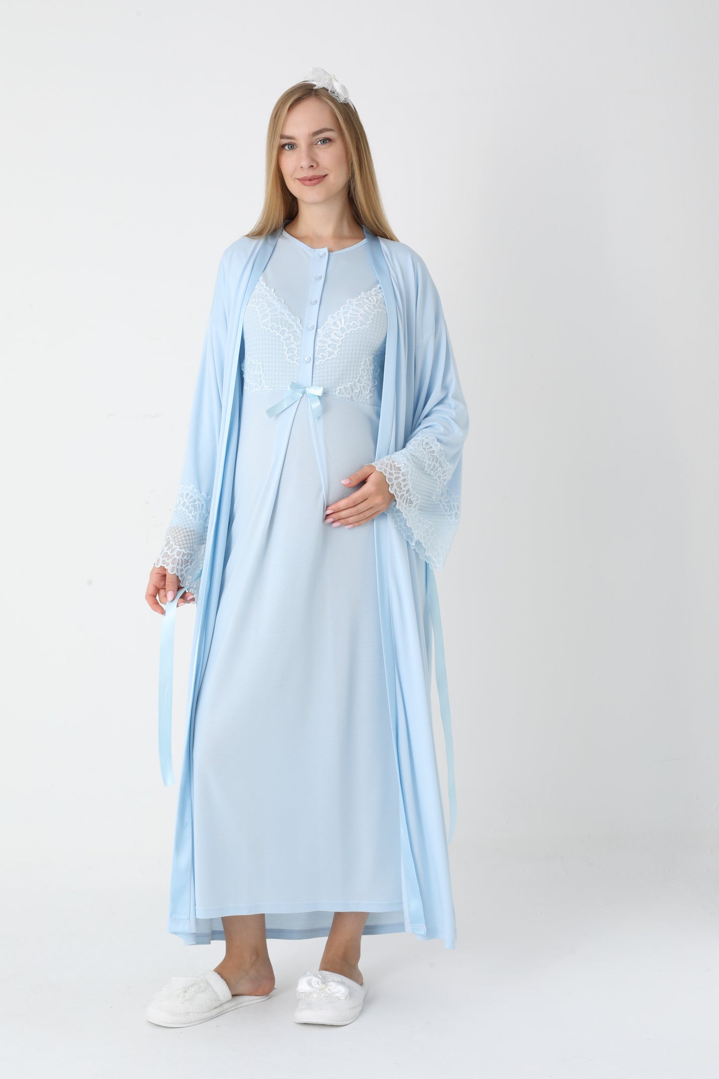 Uzun Kollu Dantel Detaylı Önden Düğmeli Sabahlıklı Lohusa Hamile Gecelik -2304