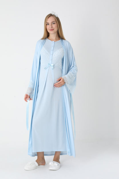 Uzun Kollu Dantel Detaylı Önden Düğmeli Sabahlıklı Lohusa Hamile Gecelik -2304