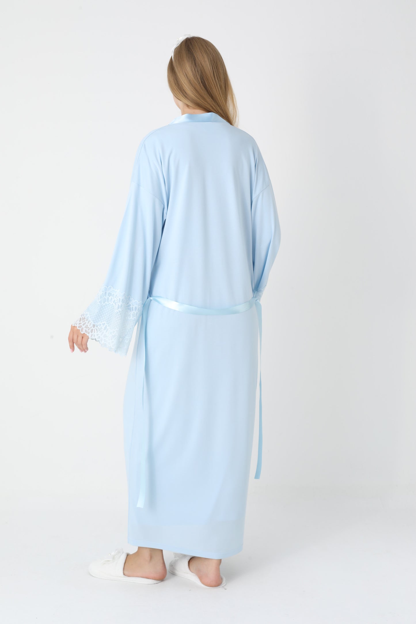 Uzun Kollu Dantel Detaylı Önden Düğmeli Sabahlıklı Lohusa Hamile Gecelik -2304