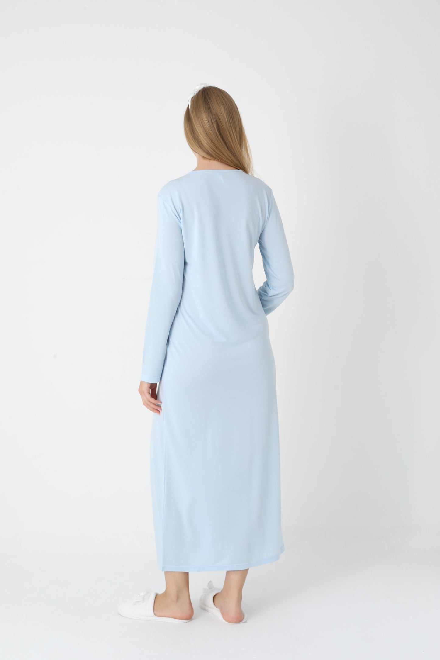 Uzun Kollu Dantel Detaylı Önden Düğmeli Sabahlıklı Lohusa Hamile Gecelik -2304