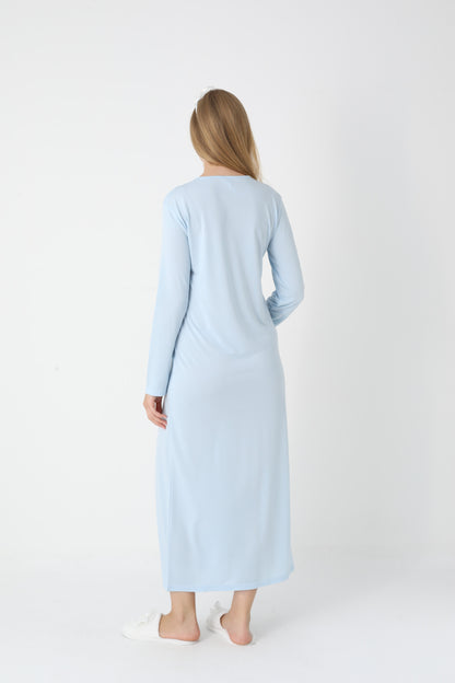 Uzun Kollu Dantel Detaylı Önden Düğmeli Sabahlıklı Lohusa Hamile Gecelik -2304