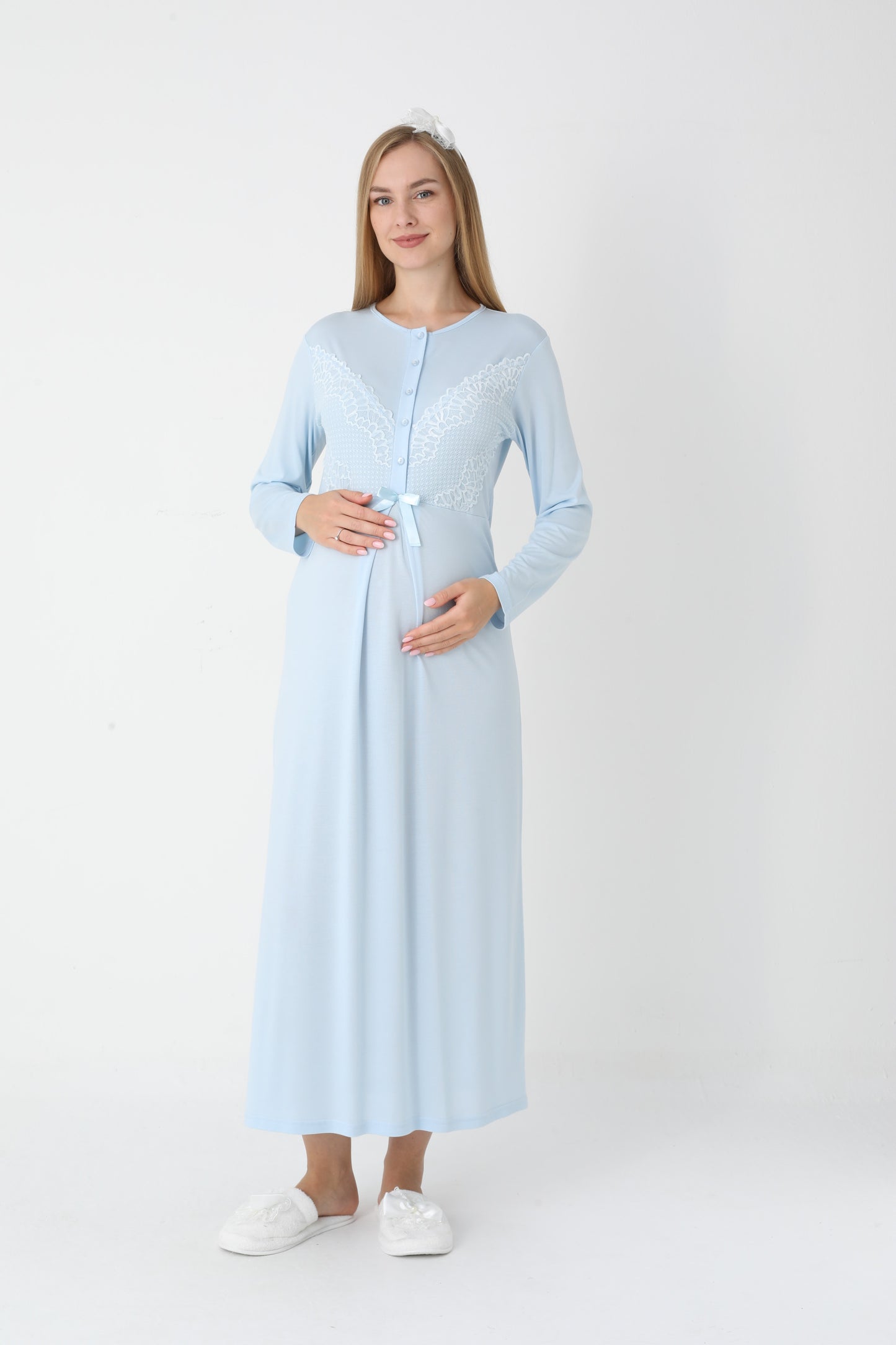 Uzun Kollu Dantel Detaylı Önden Düğmeli Sabahlıklı Lohusa Hamile Gecelik -2304