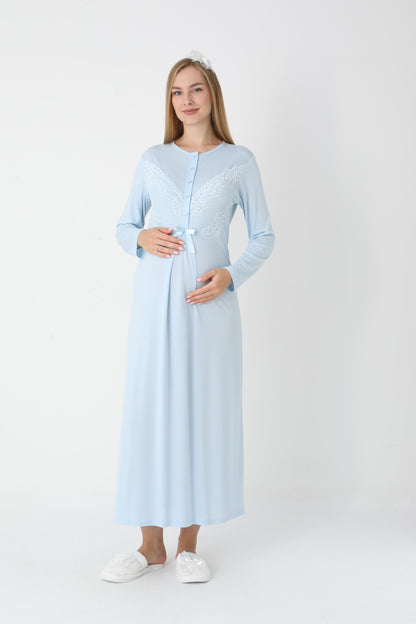 Uzun Kollu Dantel Detaylı Önden Düğmeli Sabahlıklı Lohusa Hamile Gecelik -2304
