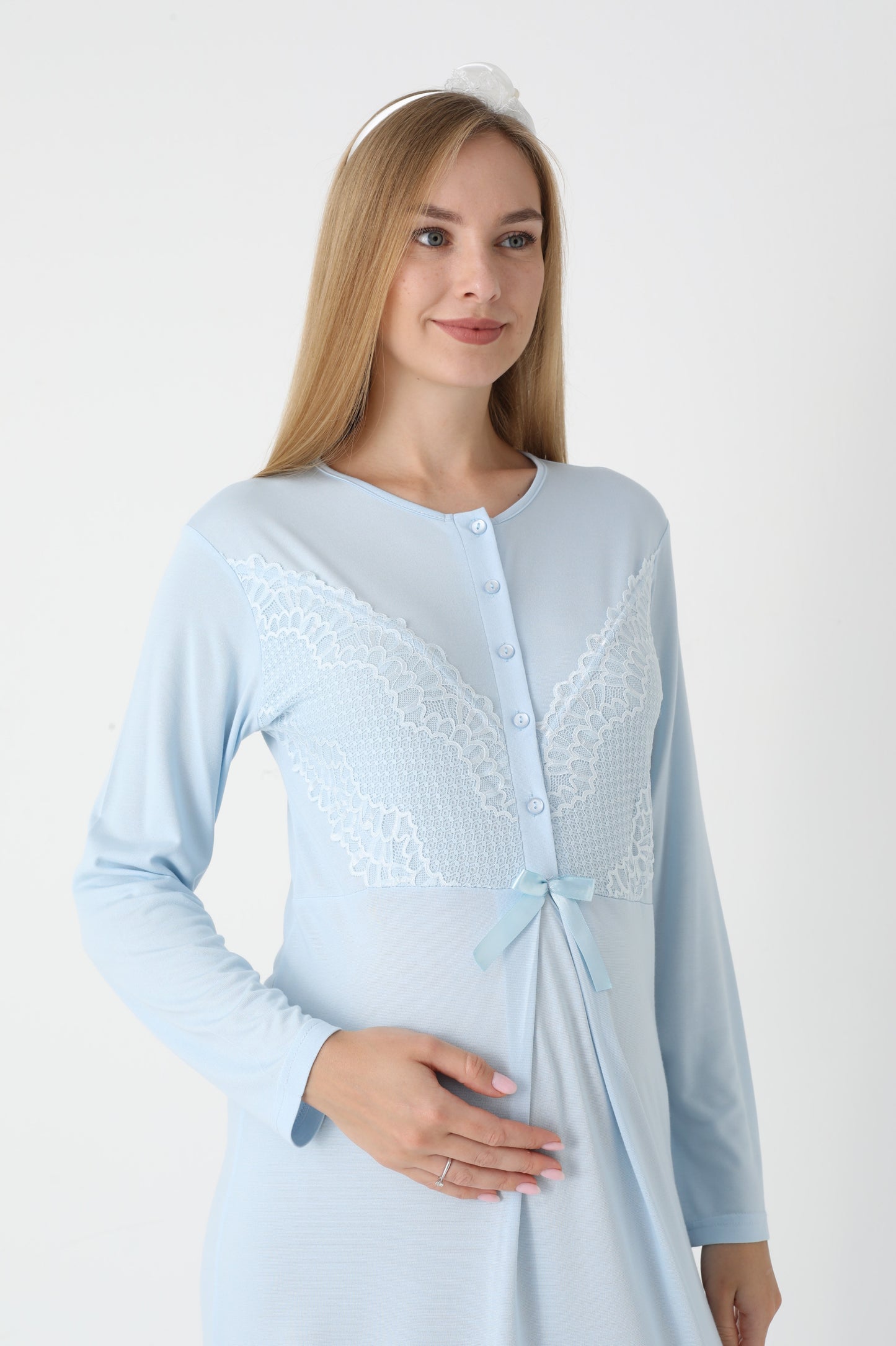 Uzun Kollu Dantel Detaylı Önden Düğmeli Sabahlıklı Lohusa Hamile Gecelik -2304