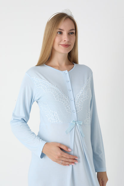 Uzun Kollu Dantel Detaylı Önden Düğmeli Sabahlıklı Lohusa Hamile Gecelik -2304