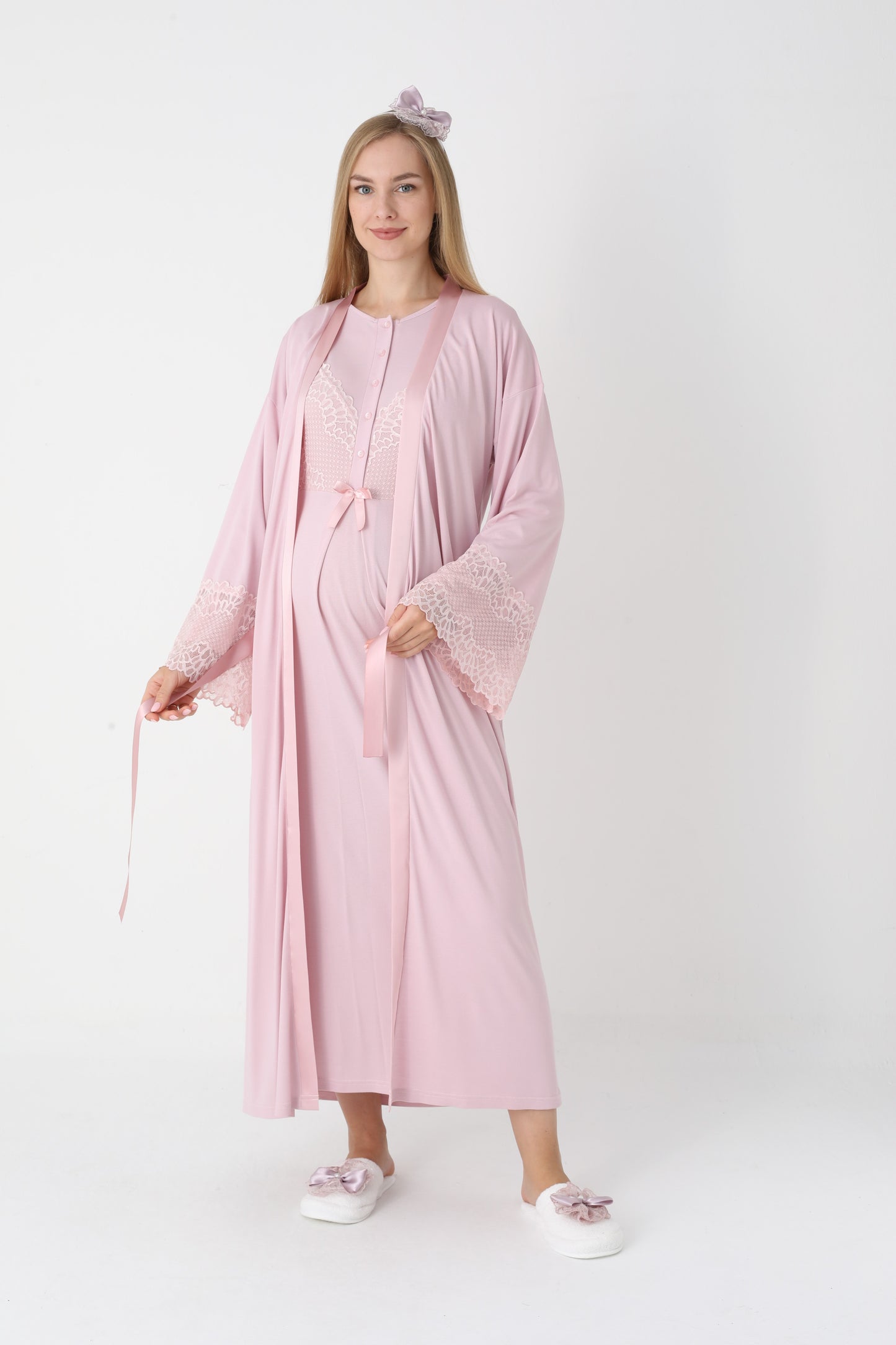 Uzun Kollu Dantel Detaylı Önden Düğmeli Sabahlıklı Lohusa Hamile Gecelik -2304