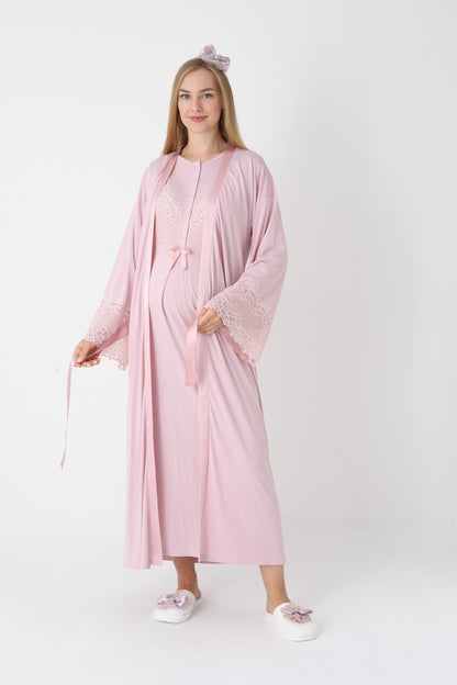 Uzun Kollu Dantel Detaylı Önden Düğmeli Sabahlıklı Lohusa Hamile Gecelik -2304
