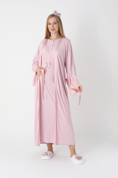 Uzun Kollu Dantel Detaylı Önden Düğmeli Sabahlıklı Lohusa Hamile Gecelik -2304