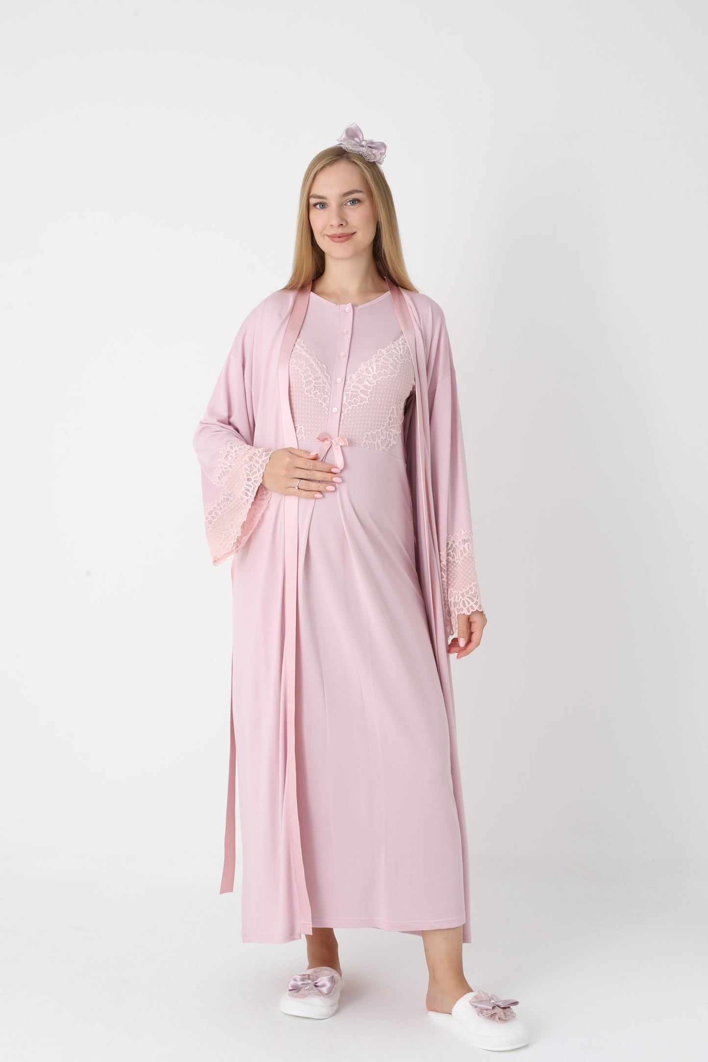 Uzun Kollu Dantel Detaylı Önden Düğmeli Sabahlıklı Lohusa Hamile Gecelik -2304