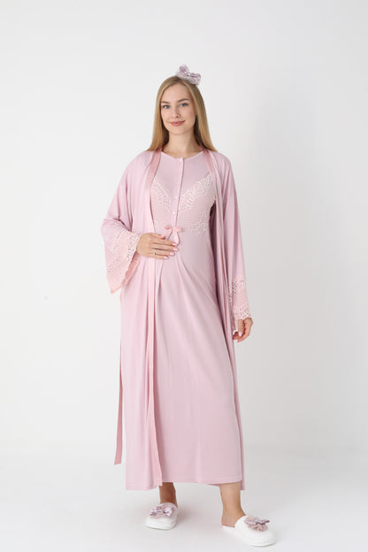 Uzun Kollu Dantel Detaylı Önden Düğmeli Sabahlıklı Lohusa Hamile Gecelik -2304