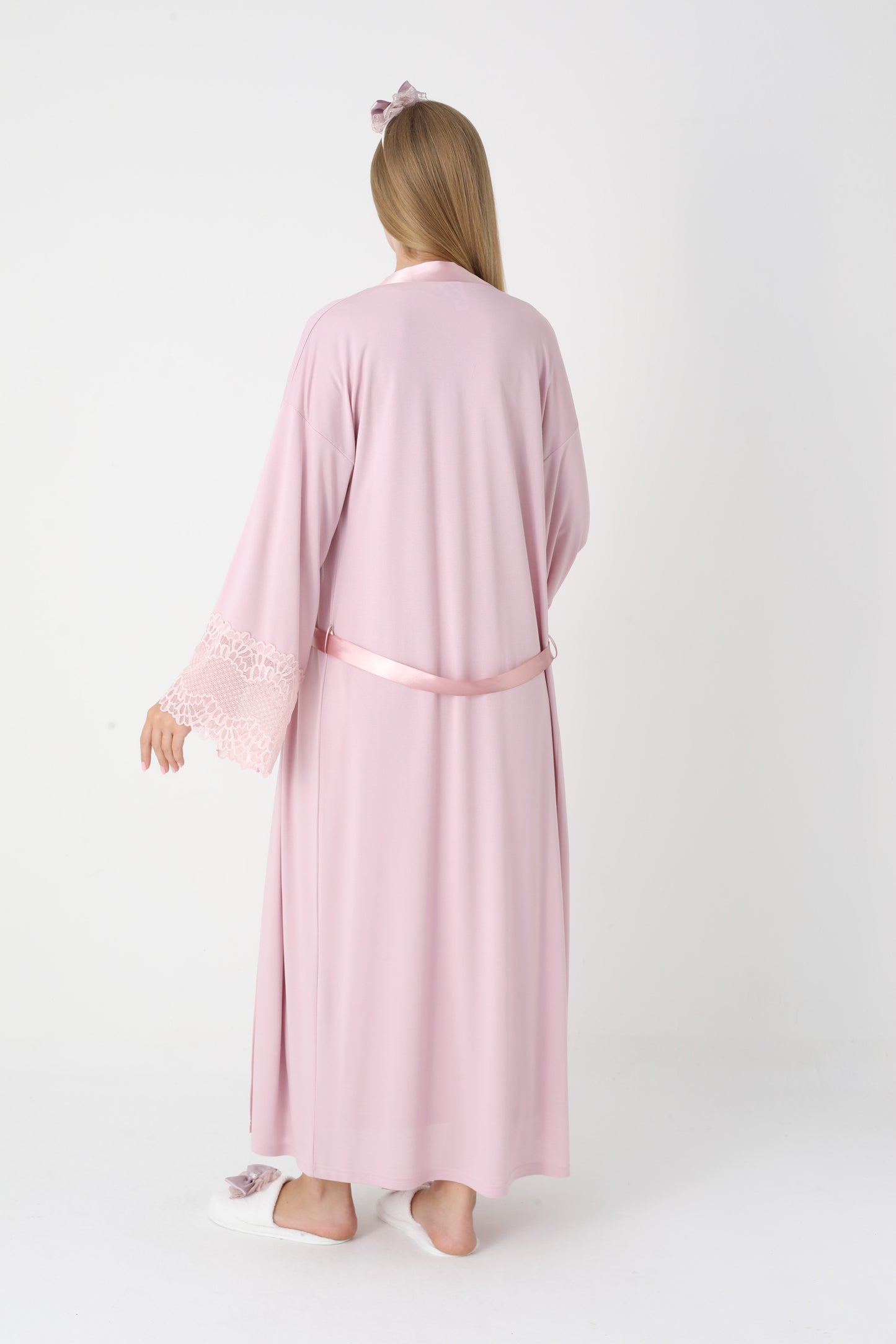 Uzun Kollu Dantel Detaylı Önden Düğmeli Sabahlıklı Lohusa Hamile Gecelik -2304