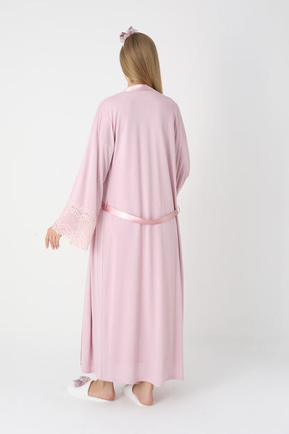 Uzun Kollu Dantel Detaylı Önden Düğmeli Sabahlıklı Lohusa Hamile Gecelik -2304