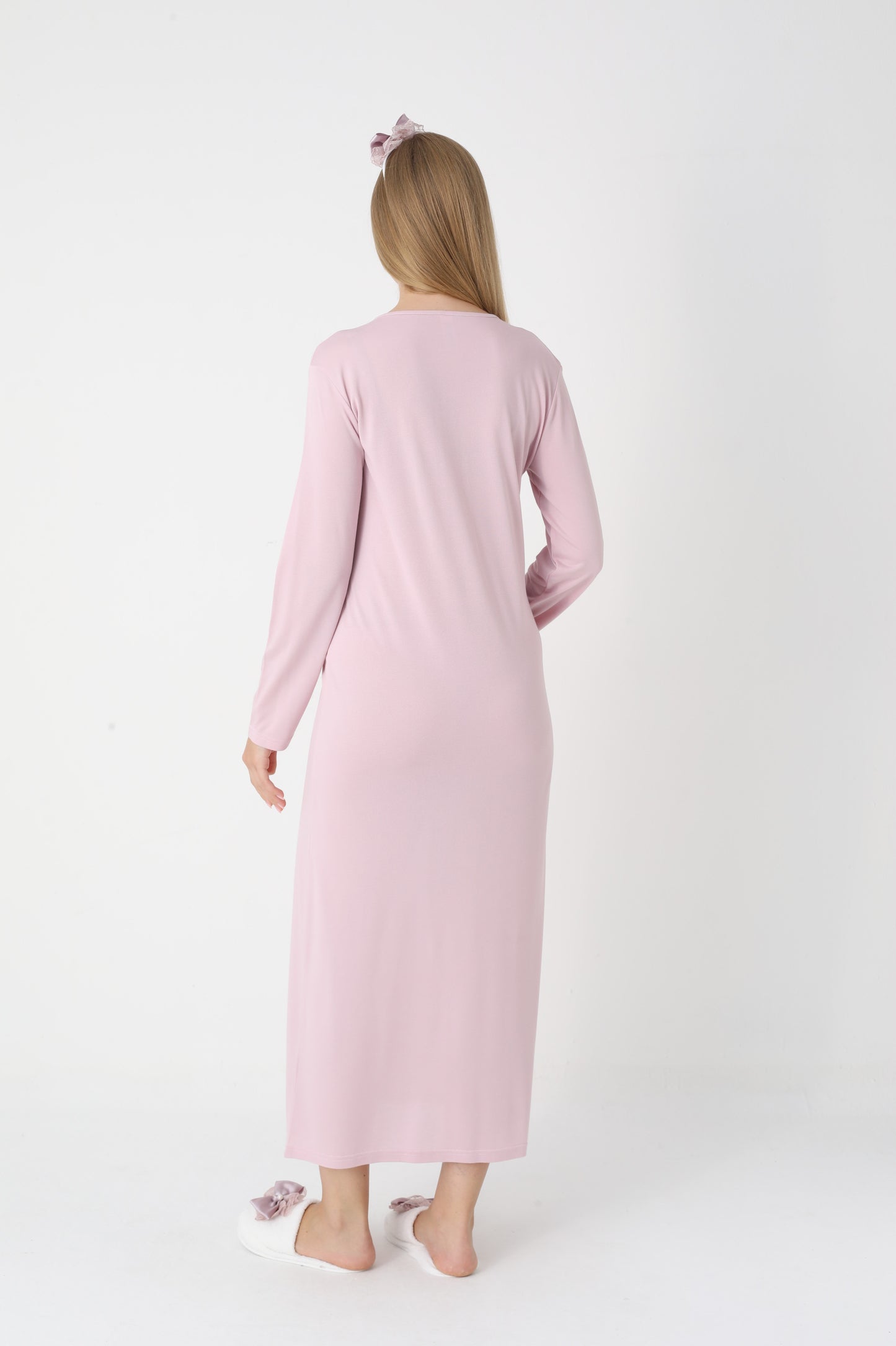 Uzun Kollu Dantel Detaylı Önden Düğmeli Sabahlıklı Lohusa Hamile Gecelik -2304