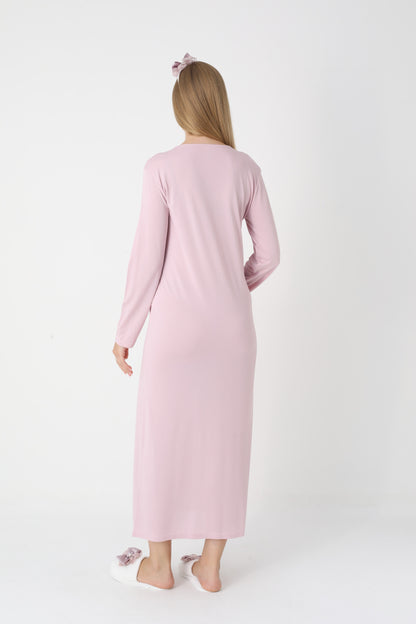 Uzun Kollu Dantel Detaylı Önden Düğmeli Sabahlıklı Lohusa Hamile Gecelik -2304