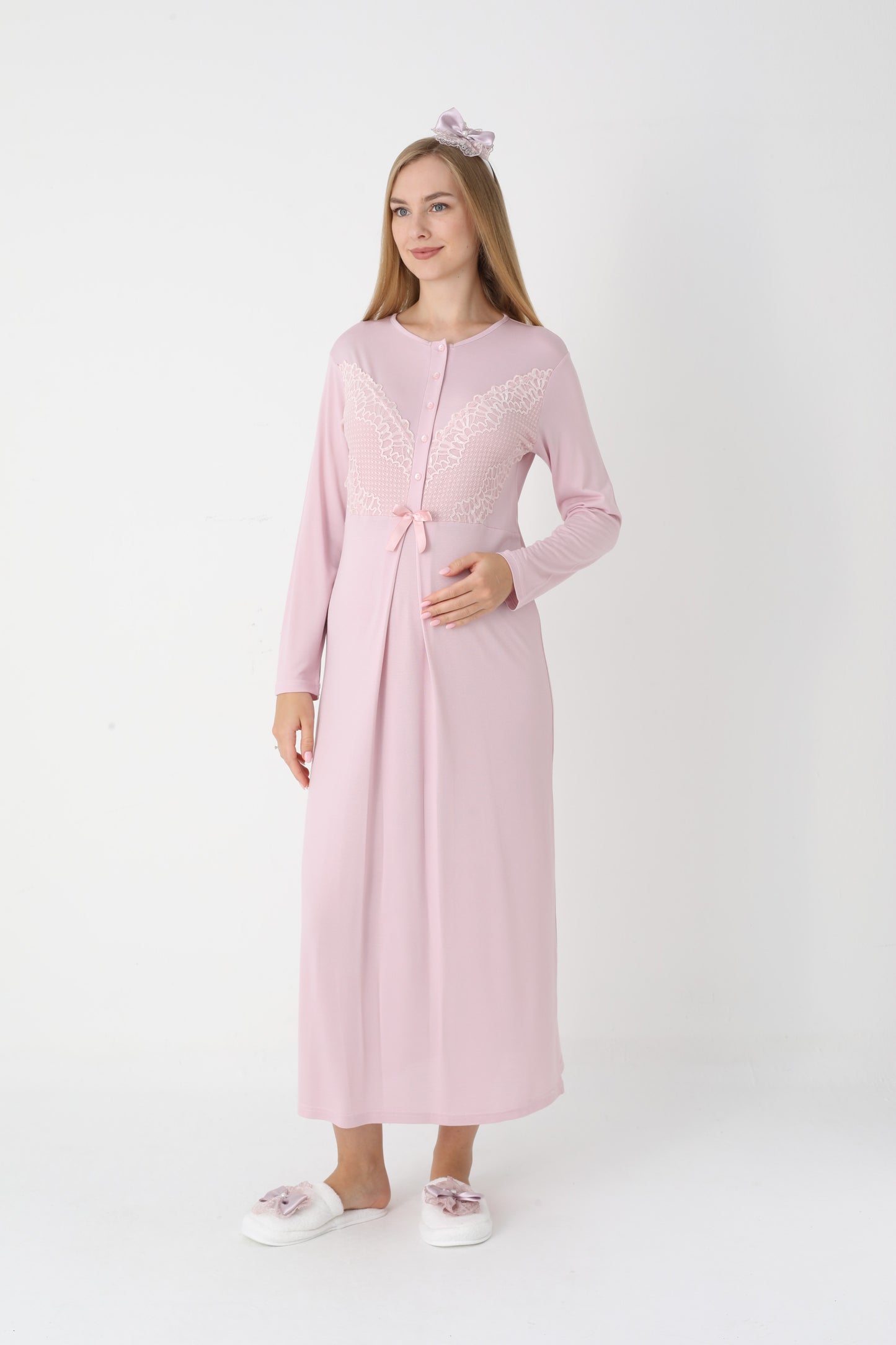 Uzun Kollu Dantel Detaylı Önden Düğmeli Sabahlıklı Lohusa Hamile Gecelik -2304