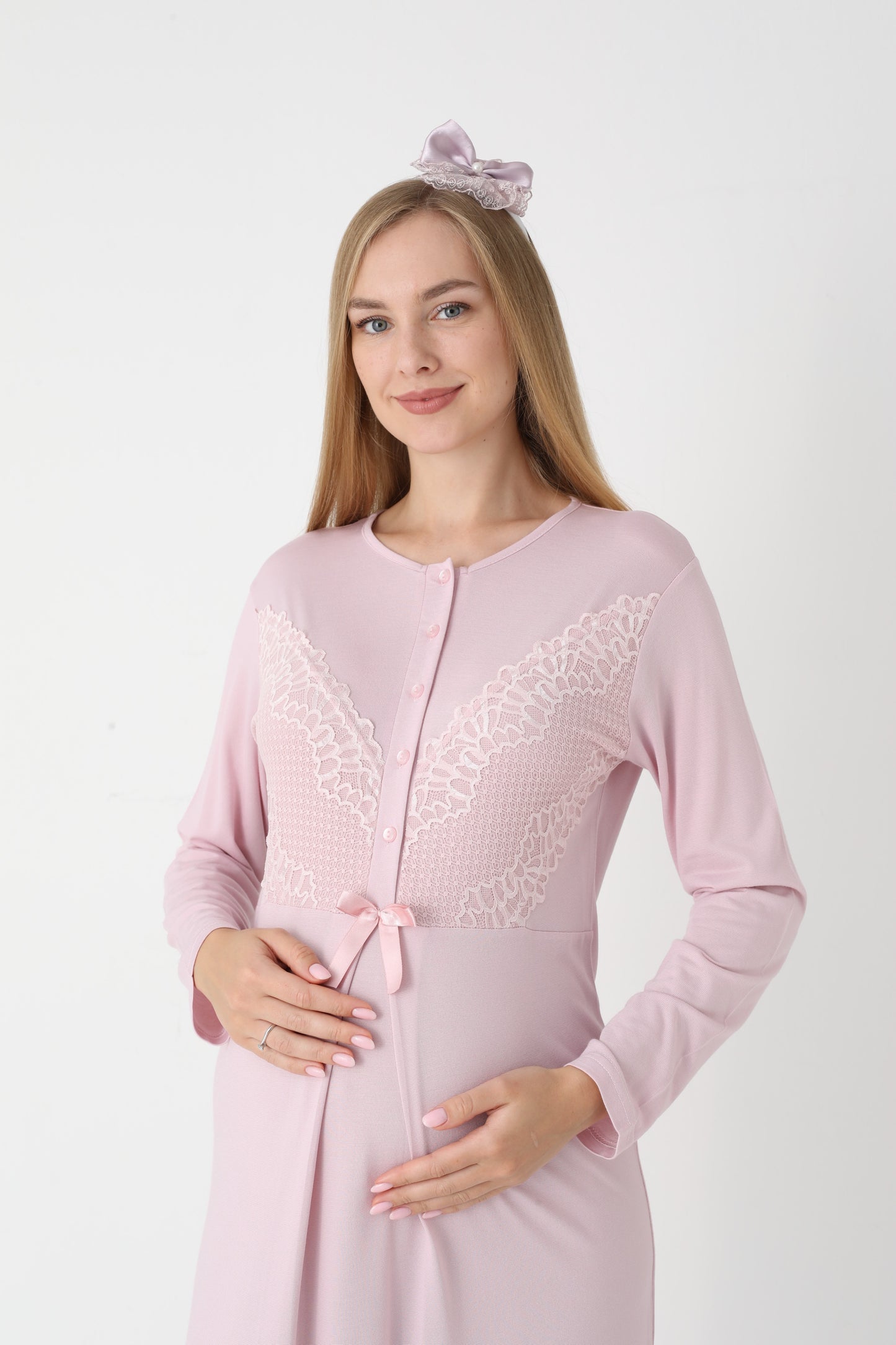 Uzun Kollu Dantel Detaylı Önden Düğmeli Sabahlıklı Lohusa Hamile Gecelik -2304