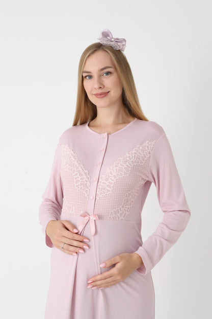 Uzun Kollu Dantel Detaylı Önden Düğmeli Sabahlıklı Lohusa Hamile Gecelik -2304