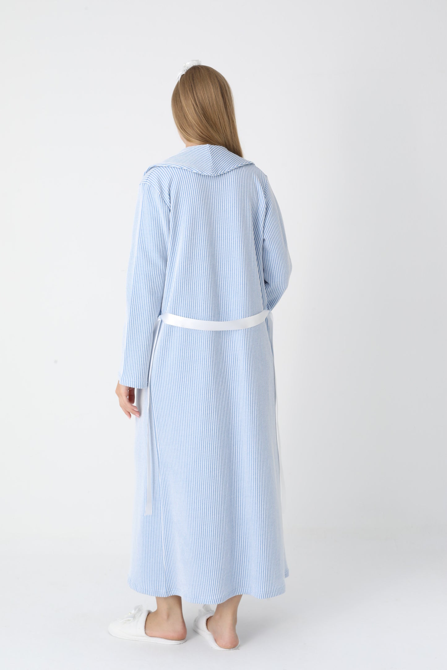 Dantel Yakalı Çizgili Sabahlıklı Lohusa Gecelik Takımı - 2305