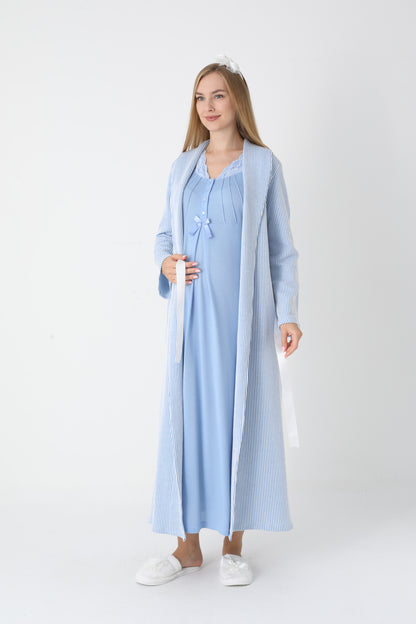 Dantel Yakalı Çizgili Sabahlıklı Lohusa Gecelik Takımı - 2305