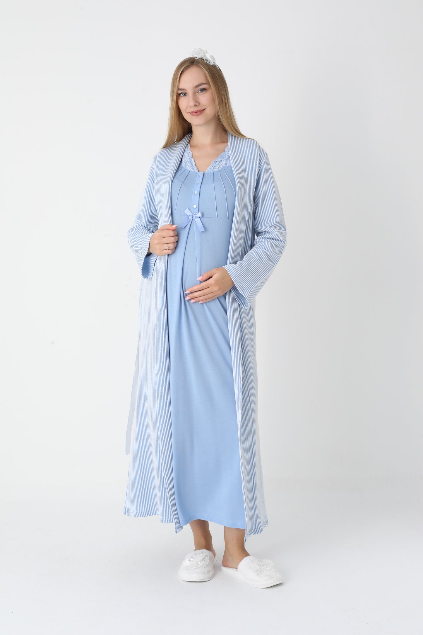 Dantel Yakalı Çizgili Sabahlıklı Lohusa Gecelik Takımı - 2305