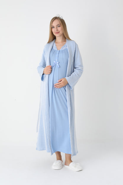 Dantel Yakalı Çizgili Sabahlıklı Lohusa Gecelik Takımı - 2305