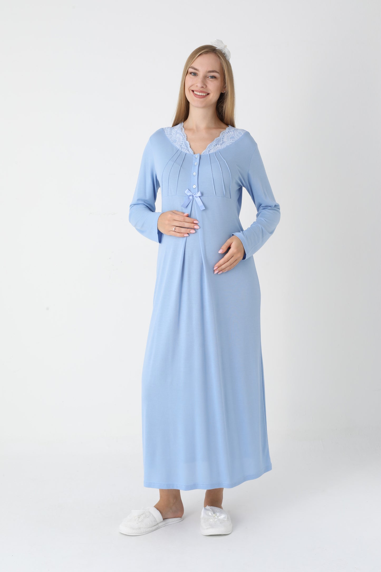 Dantel Yakalı Çizgili Sabahlıklı Lohusa Gecelik Takımı - 2305