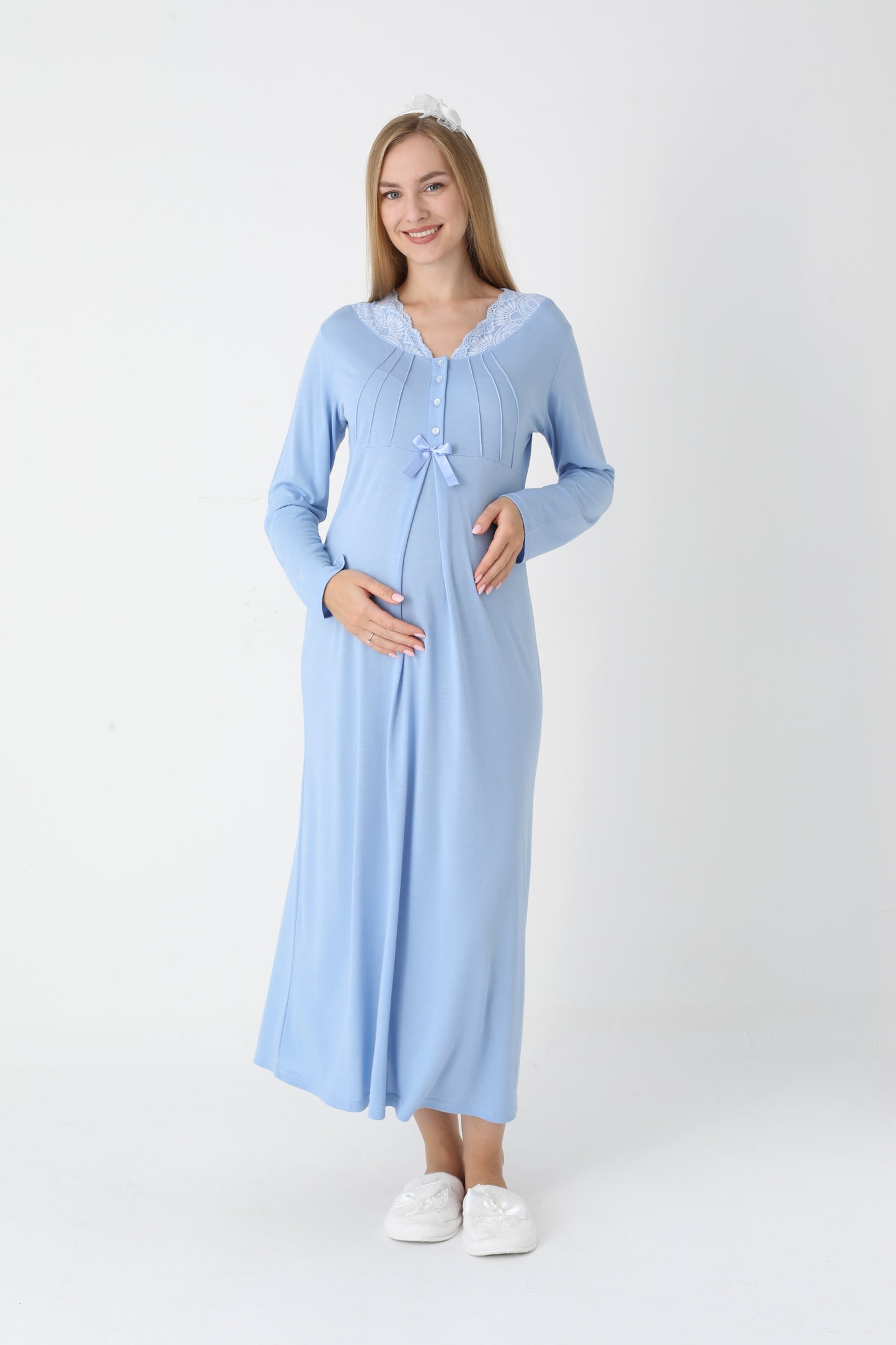 Dantel Yakalı Çizgili Sabahlıklı Lohusa Gecelik Takımı - 2305