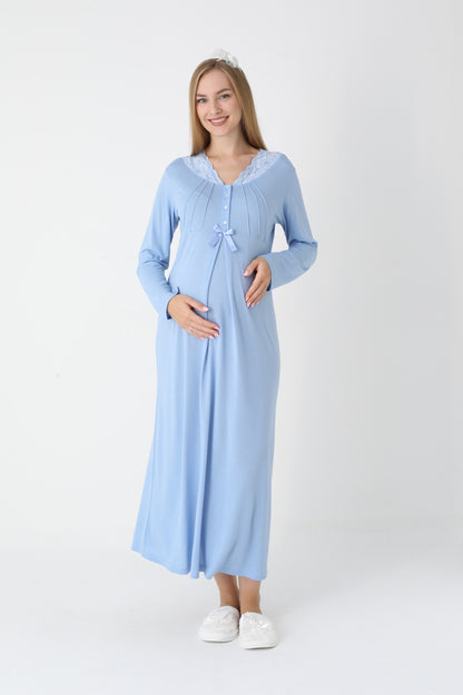 Dantel Yakalı Çizgili Sabahlıklı Lohusa Gecelik Takımı - 2305