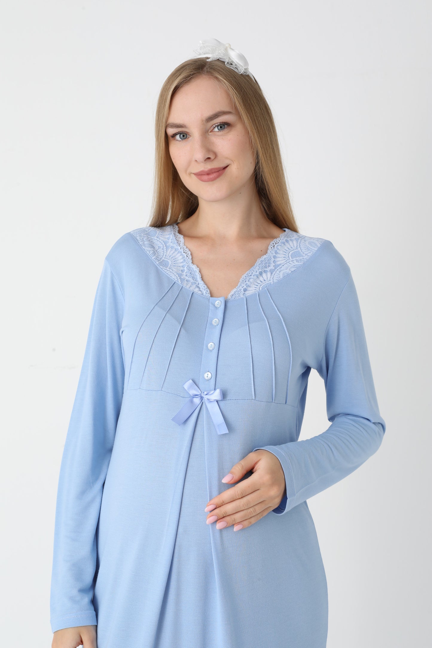 Dantel Yakalı Çizgili Sabahlıklı Lohusa Gecelik Takımı - 2305