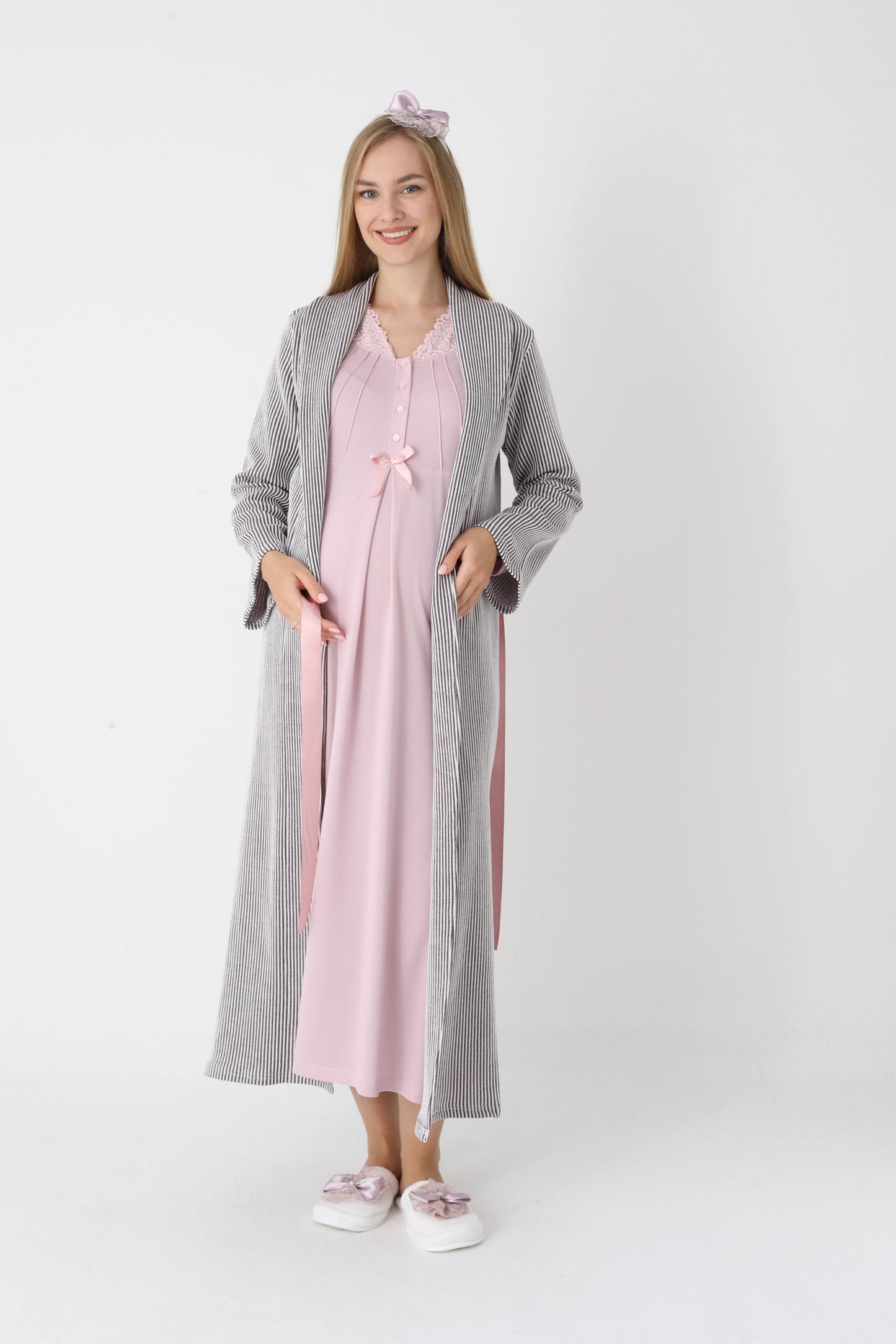 Dantel Yakalı Çizgili Sabahlıklı Lohusa Gecelik Takımı - 2305