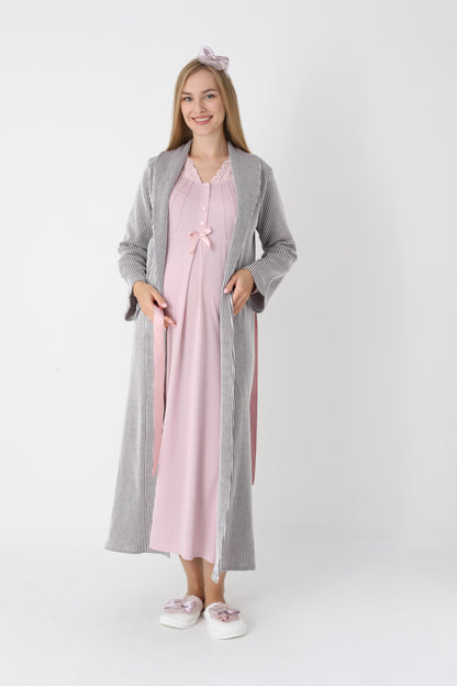 Dantel Yakalı Çizgili Sabahlıklı Lohusa Gecelik Takımı - 2305