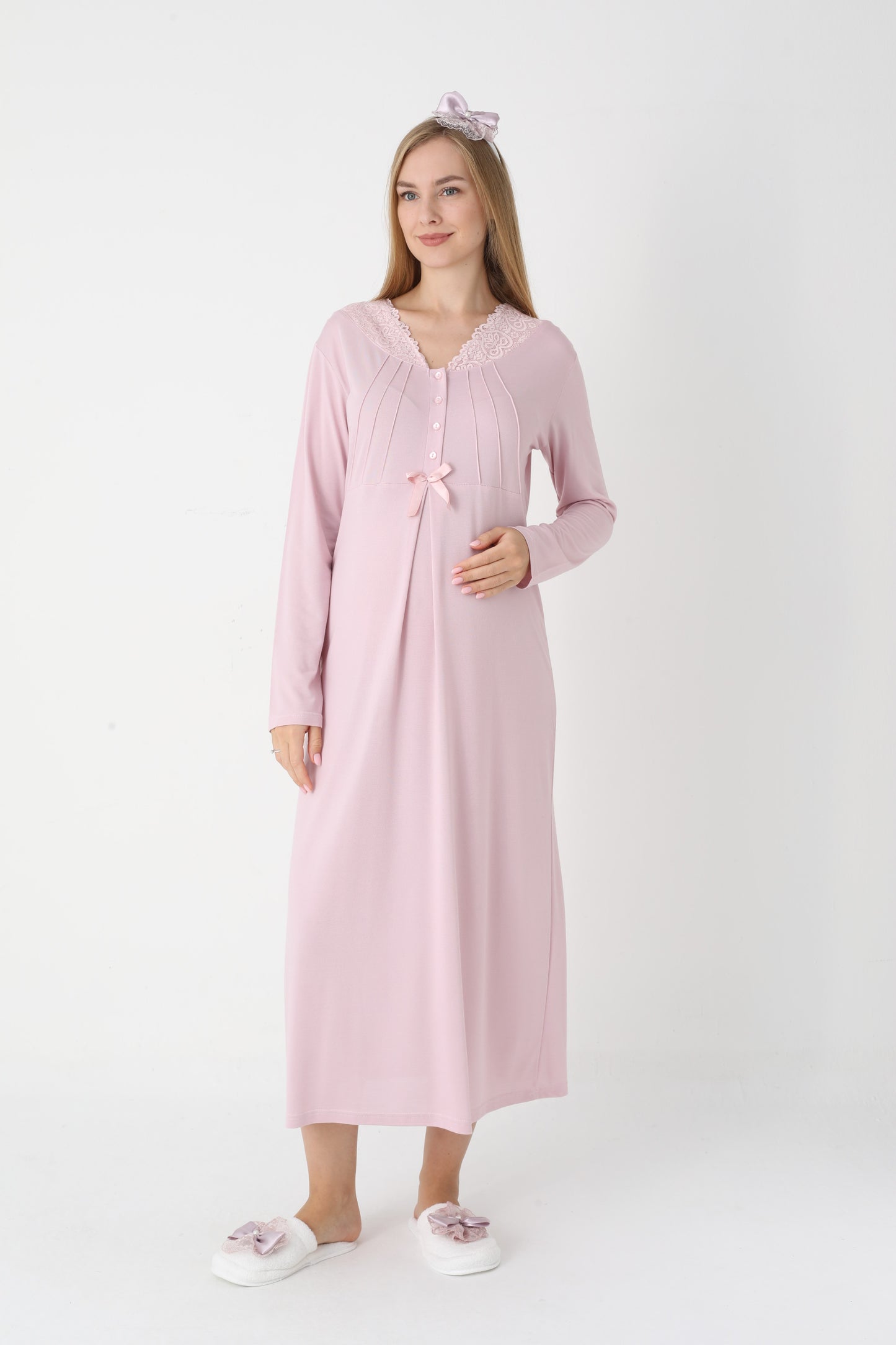 Dantel Yakalı Çizgili Sabahlıklı Lohusa Gecelik Takımı - 2305