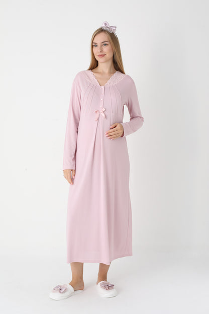 Dantel Yakalı Çizgili Sabahlıklı Lohusa Gecelik Takımı - 2305