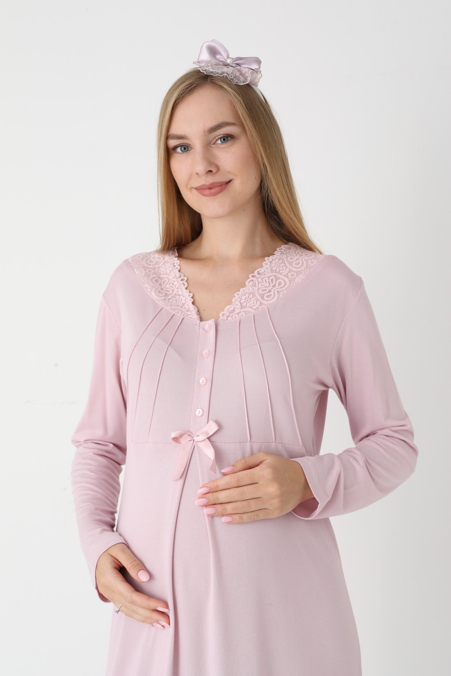 Dantel Yakalı Çizgili Sabahlıklı Lohusa Gecelik Takımı - 2305