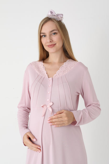 Dantel Yakalı Çizgili Sabahlıklı Lohusa Gecelik Takımı - 2305