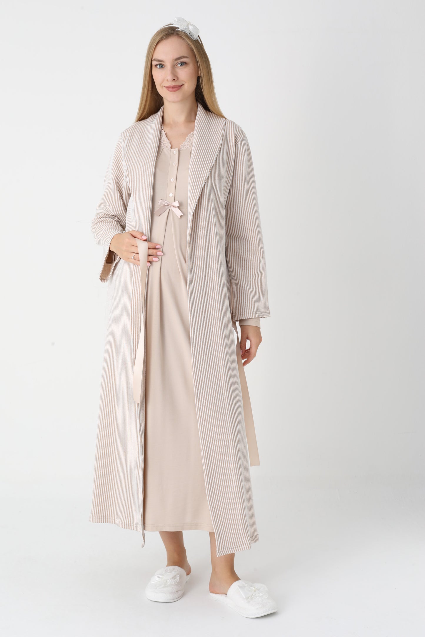 Dantel Yakalı Çizgili Sabahlıklı Lohusa Gecelik Takımı - 2305