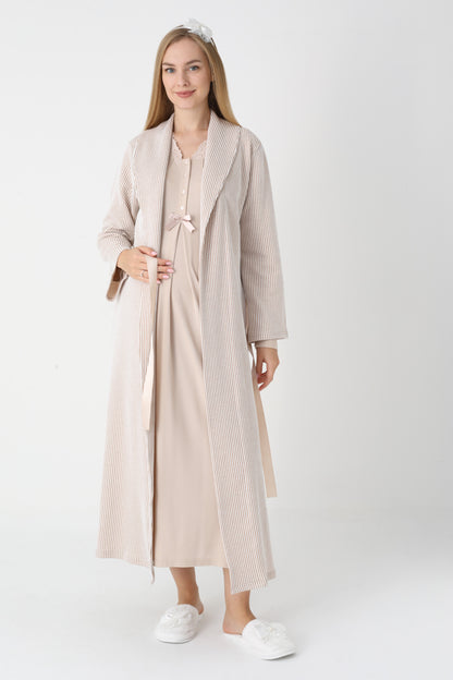 Dantel Yakalı Çizgili Sabahlıklı Lohusa Gecelik Takımı - 2305