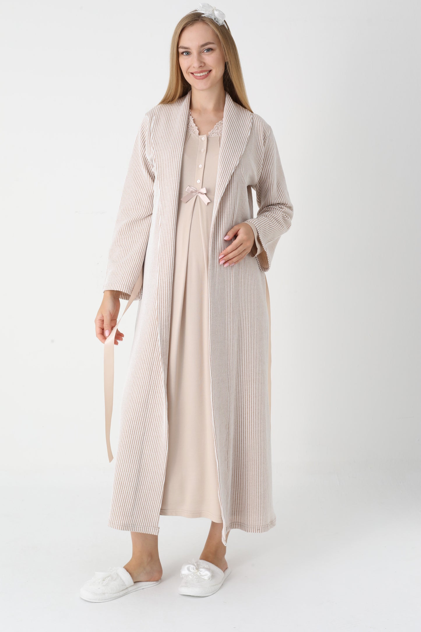 Dantel Yakalı Çizgili Sabahlıklı Lohusa Gecelik Takımı - 2305