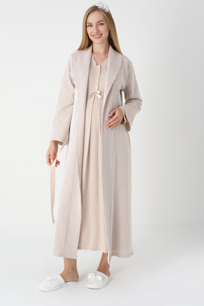 Dantel Yakalı Çizgili Sabahlıklı Lohusa Gecelik Takımı - 2305