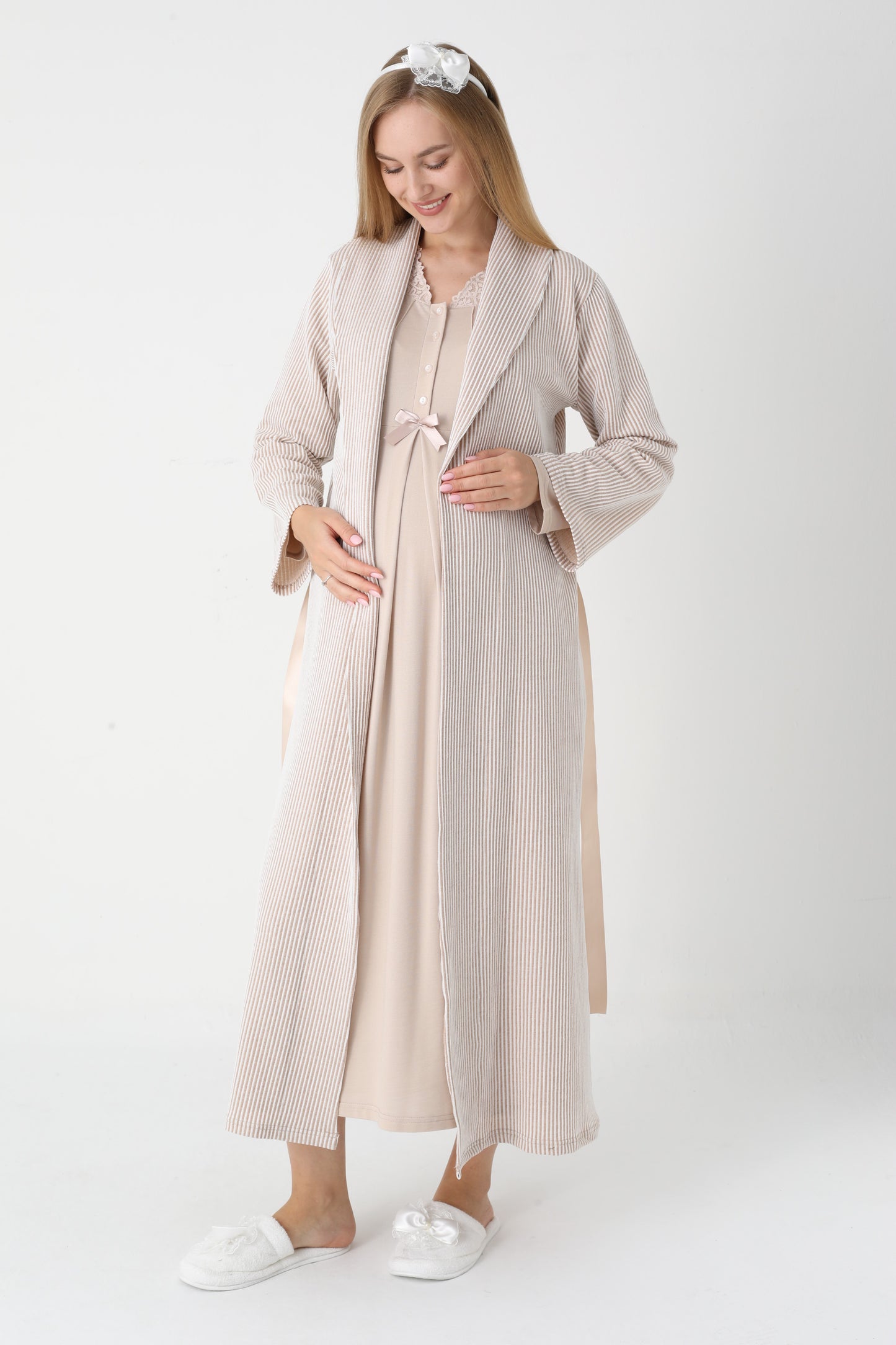 Dantel Yakalı Çizgili Sabahlıklı Lohusa Gecelik Takımı - 2305