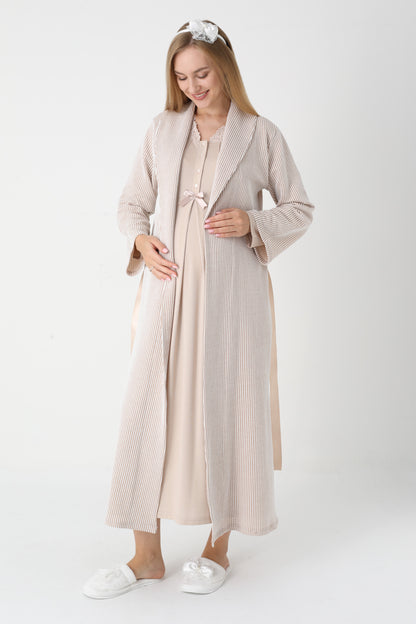 Dantel Yakalı Çizgili Sabahlıklı Lohusa Gecelik Takımı - 2305