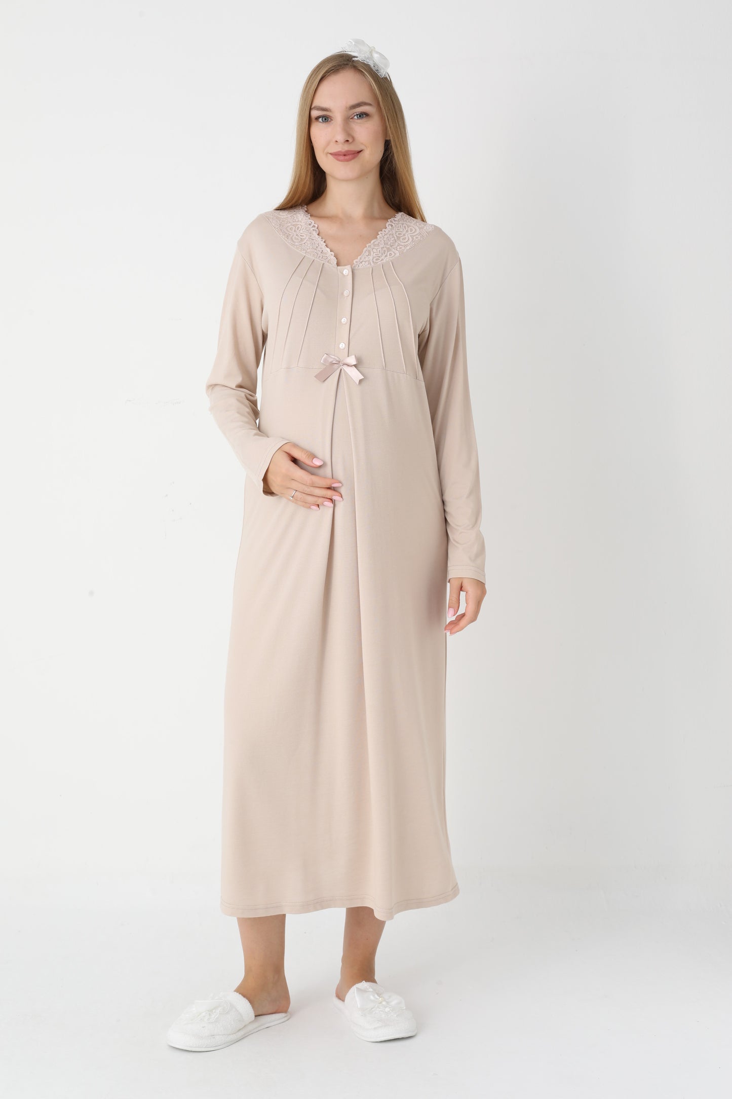 Dantel Yakalı Çizgili Sabahlıklı Lohusa Gecelik Takımı - 2305