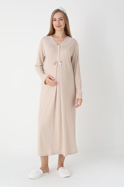 Dantel Yakalı Çizgili Sabahlıklı Lohusa Gecelik Takımı - 2305